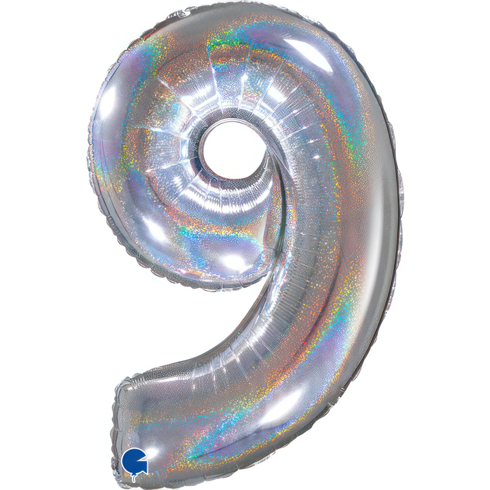 Number 9  Silver Glitter Holographic 26" Single Pack.